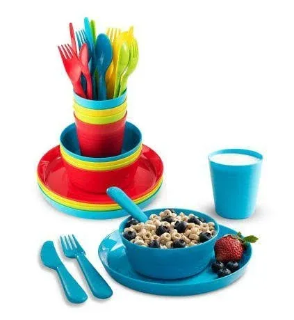 Plastic Dinnerware Set of 4 by Plaskidy - 24 Piece Kids Dishes Set Includes, Set