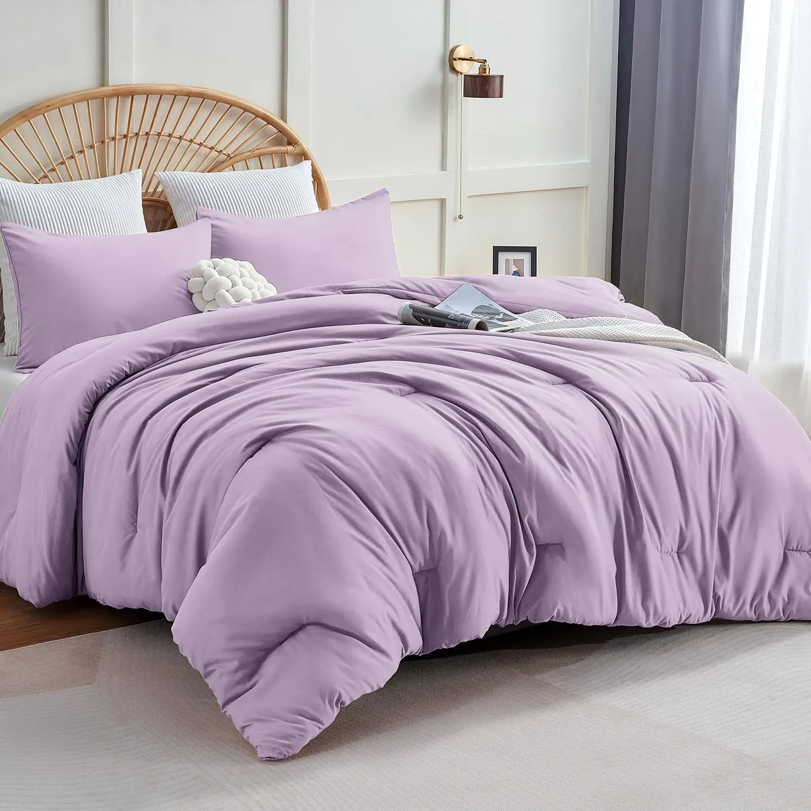  Comforter Set Size, 3 Pieces Solid Breathable Quilted Queen Lavender Purple