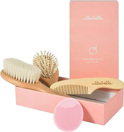 4 Piece Wooden Baby Hair Brush and Comb Set for Newborns & Toddlers in Chic Gift Box - Ultra Soft Natural Goat Hair and Wood Baby Brush Set Prevents Cradle Cap - Perfect Registry Gift (Blue)