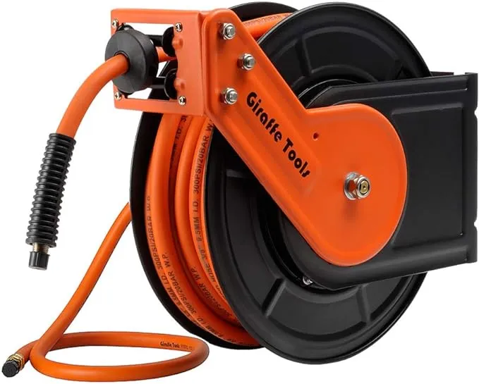 Giraffe Tools TA15 Retractable Air Hose Reel Swivel 3/8" x 50 ft Hybrid Hose, Max 300 PSI, Ceiling/Wall Mounted Heavy Duty Industrial Commercial Air Compressor Reel, 50ft, Tangelo