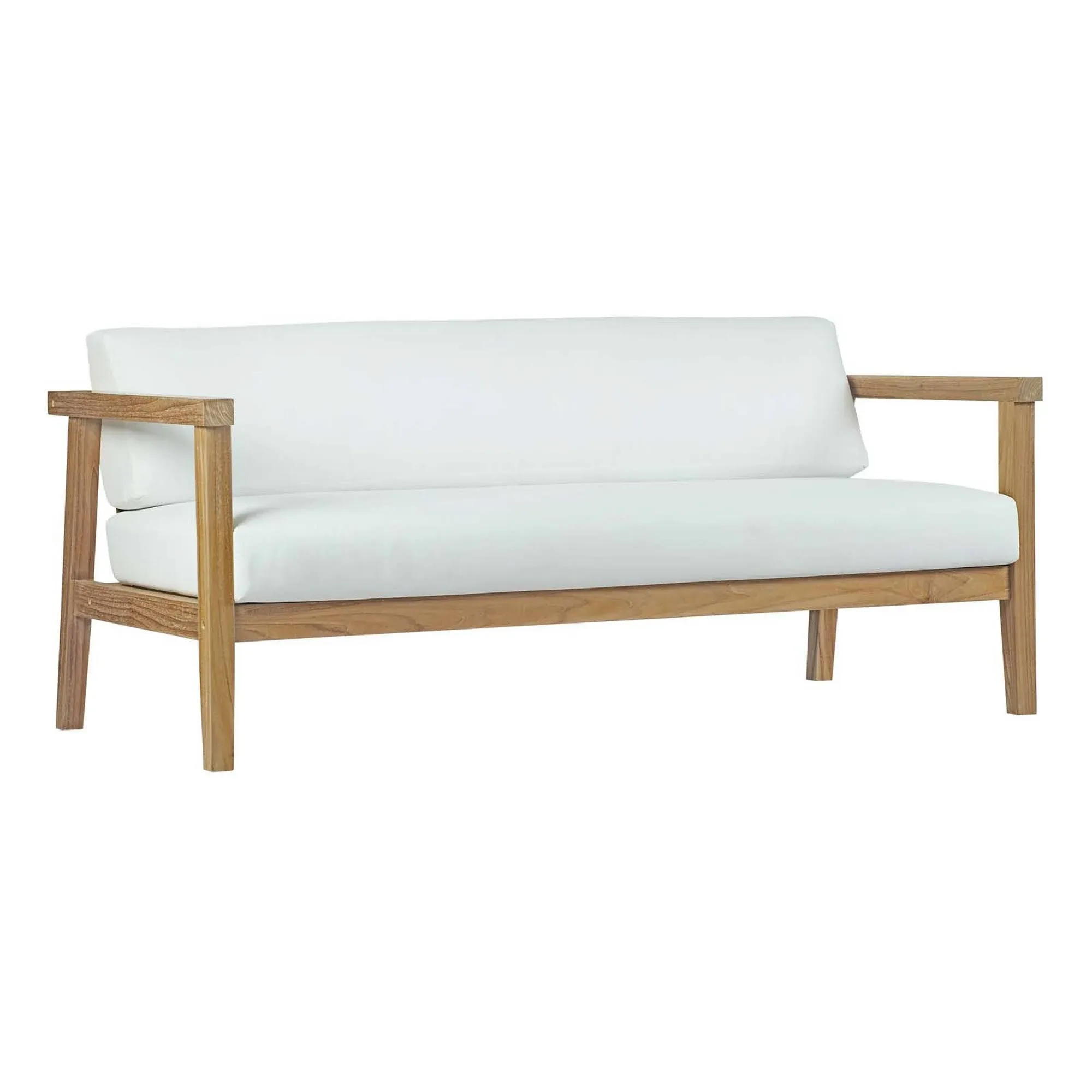 Modway Outdoor Patio Furniture Teak Wood Sofa With Cushion in Natural White