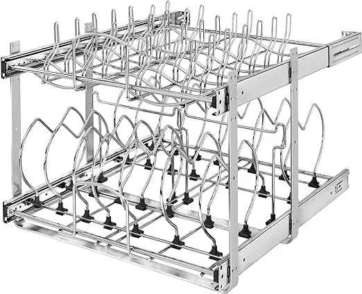 Rev-A-Shelf 2-Tier Kitchen Cabinet Pull Out 21" Cabinet Organizer for Pots, Pans, and Lid Cookware, Adjustable Heavy Duty Wire, Chrome, 5CW2-2122-CR