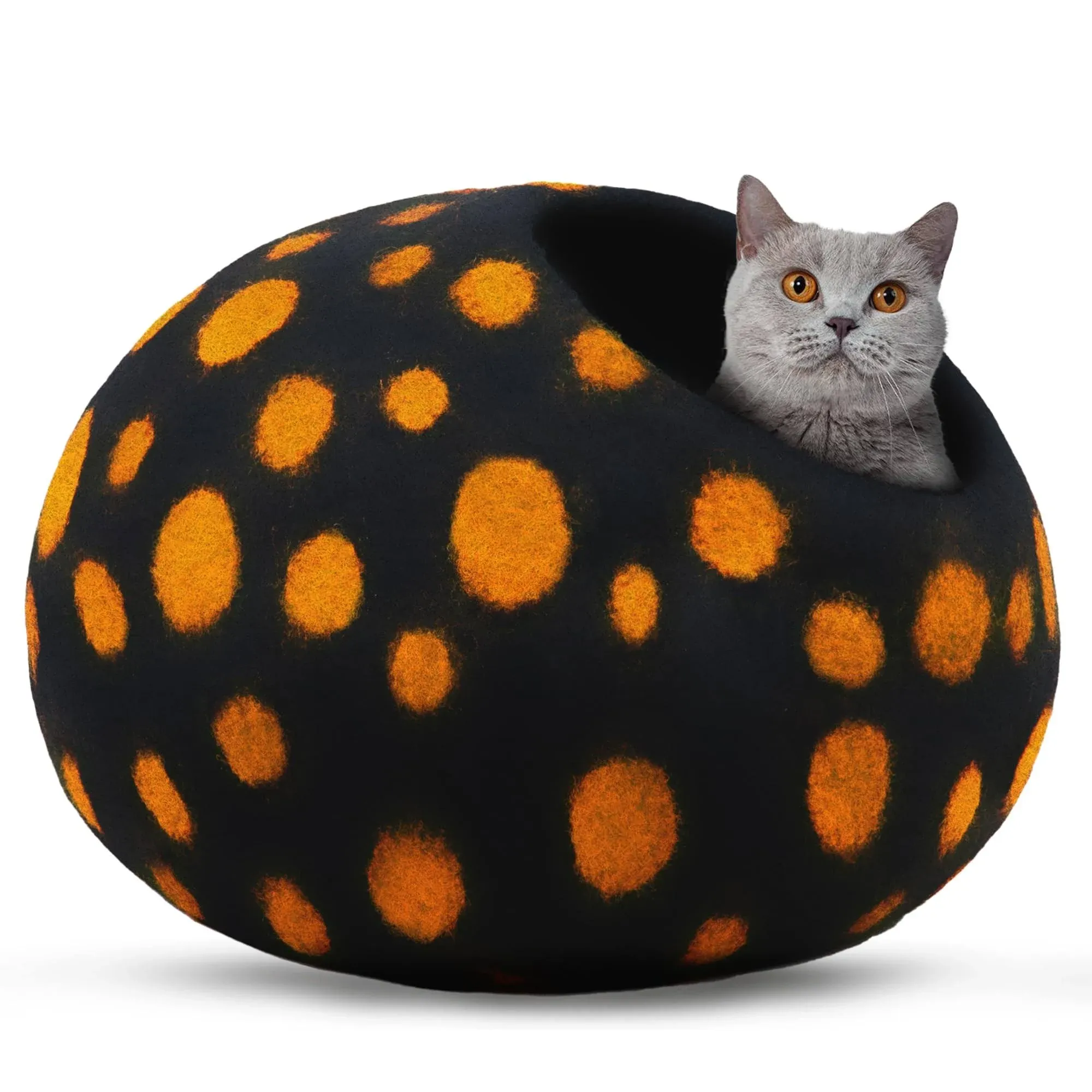 Woolygon Premium Felt Cat Cave Bed - Polka Dot Series - Wool Kitty Beds Handcrafted Kitten Caves Bed for Indoor Cats - Eco-Friendly Merino Wool, Foldable Cat Hideaway Cat Houses (Yellow/Black Dots)