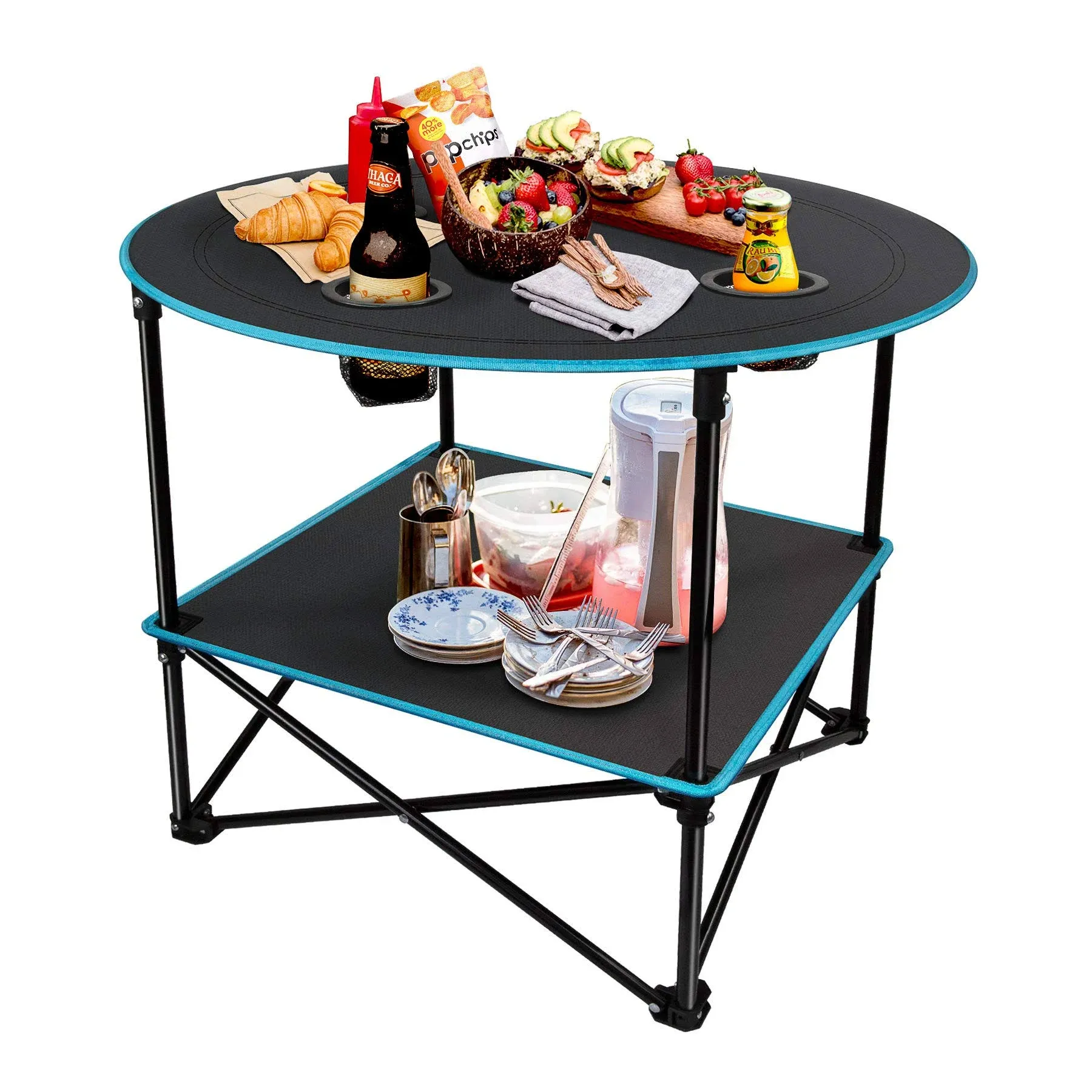 LESES Portable Picnic Table with Shelf Beach Table Outdoor Folding Camping Tables That Fold Up Lightweight with Cup Holders with Storage Bag