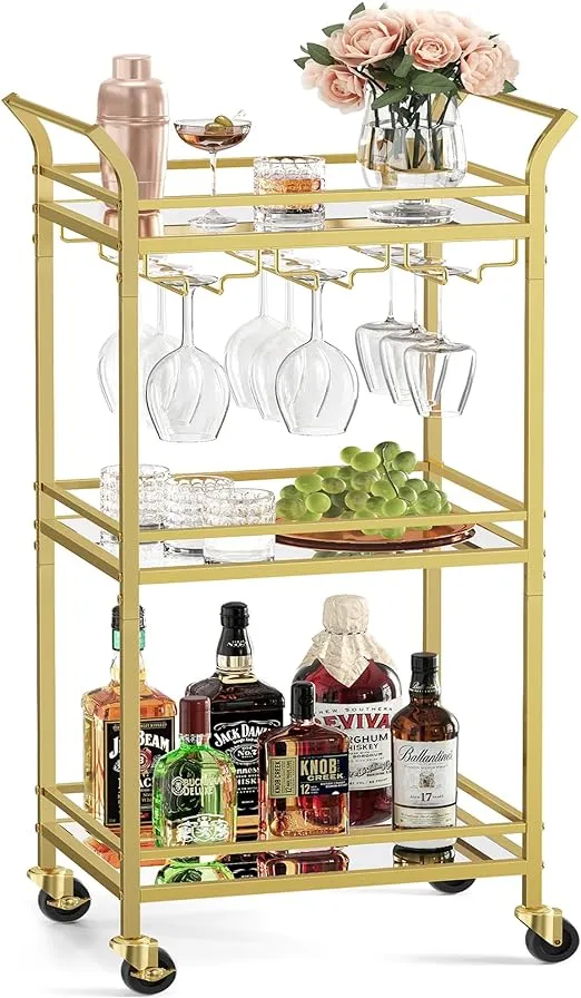 VASAGLE Bar Cart, Home Bar Serving Cart, Small Bar Cart with 3-Tier Shelf, Wine Holders, Glass Holders, Mini Bar Cart for Small Spaces, Kitchen, Dining Room, Living Room, Pale Gold