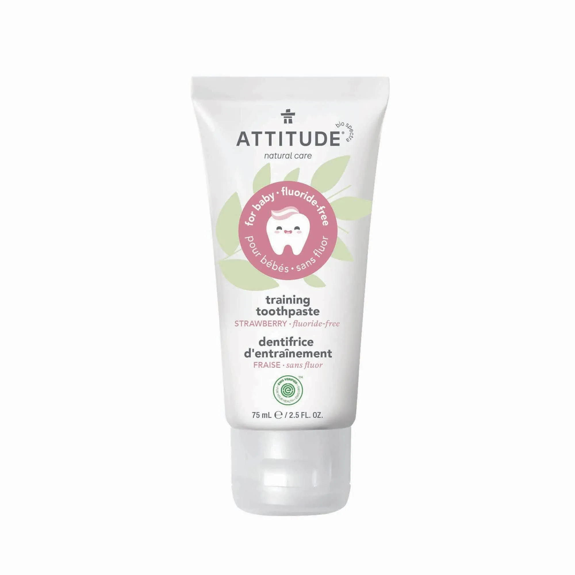 ATTITUDE, Bebé, Pasta dental de entrenamiento, Sin fluoruro, Fresa, 75 ml (2,5 oz. Líq.)