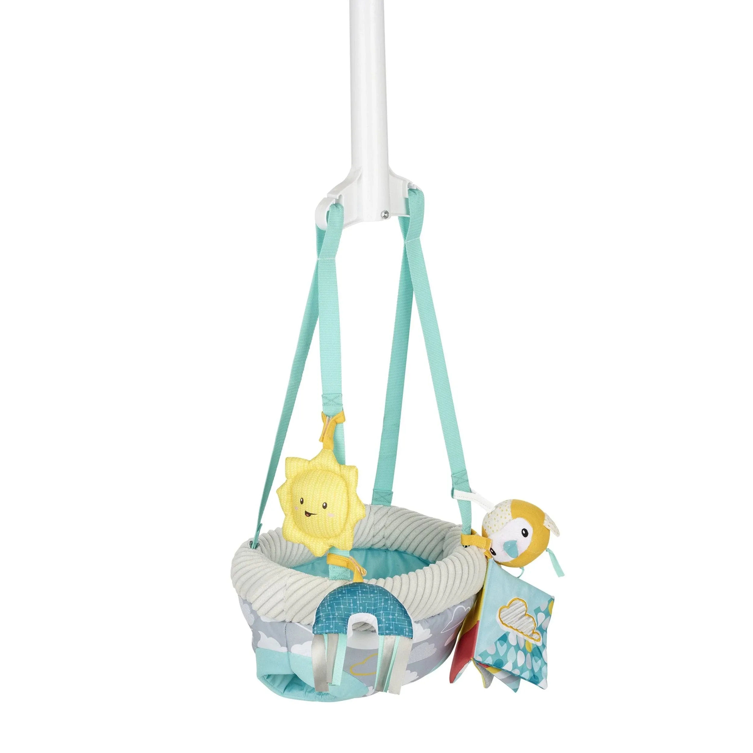 Evenflo Exersaucer Baby Hanging Clampable Doorway Jumper with 4 Removable Toys, Peek a Boo Flip -Book, and Mirror, Sweet Skies