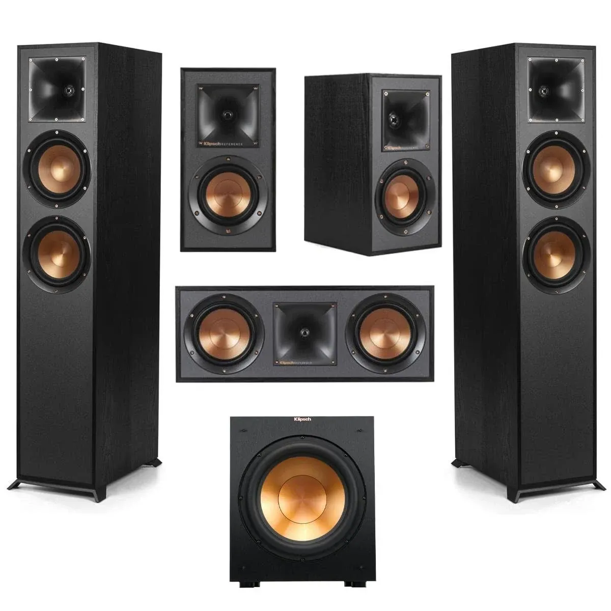 Klipsch Reference 5.1 Home Theater Pack with 2x R-620F Floorstanding Speaker, R-12SW Subwoofer, R-52C Center Channel Speaker and 2x R-41M Bookshelf Speaker, Black