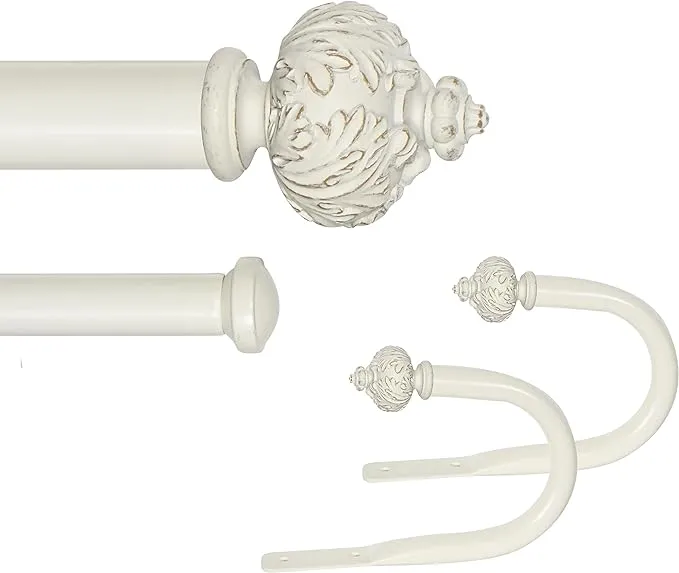 eTeckram 1" Curtain Rod with Albert Finials - 28" to 48", Weathered White