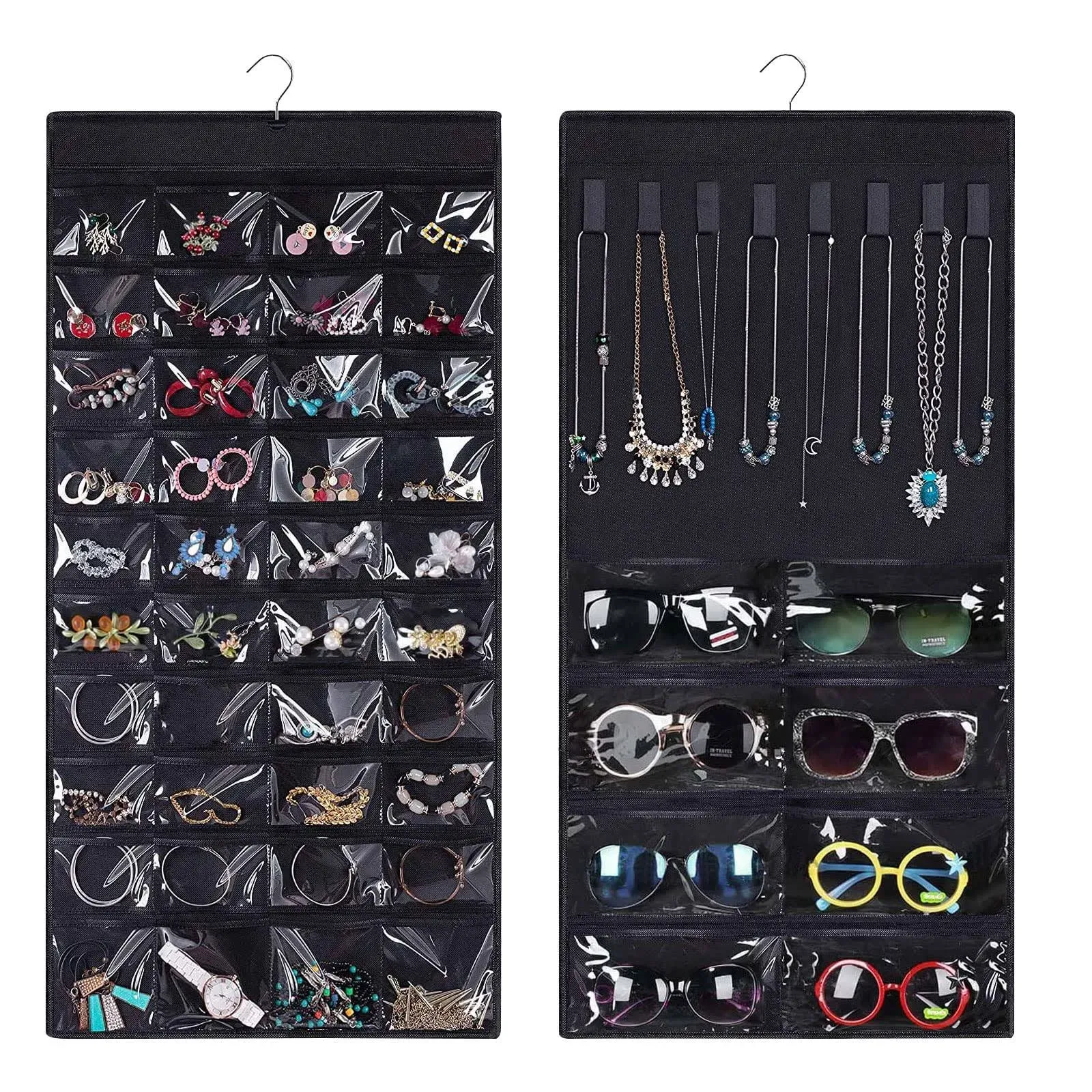 MouJkmer Dual-Sided Hanging Jewelry Organizer, Jewelry Organizer Storage with 48 Pockets and 20 Hook & Loops Necklace Holder for Earri