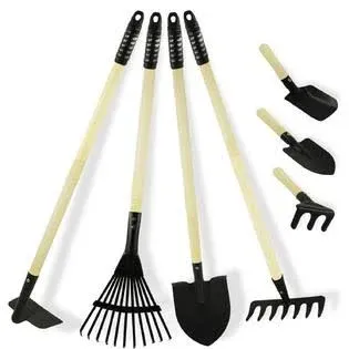 CHEERBANK 7PCS Kids Gardening Tools, Long Shovel, Rake for Leaves, Spade, Hoe, Steel Heads & Real Wood Handle, Yard Tools for Children Toddlers Gifts