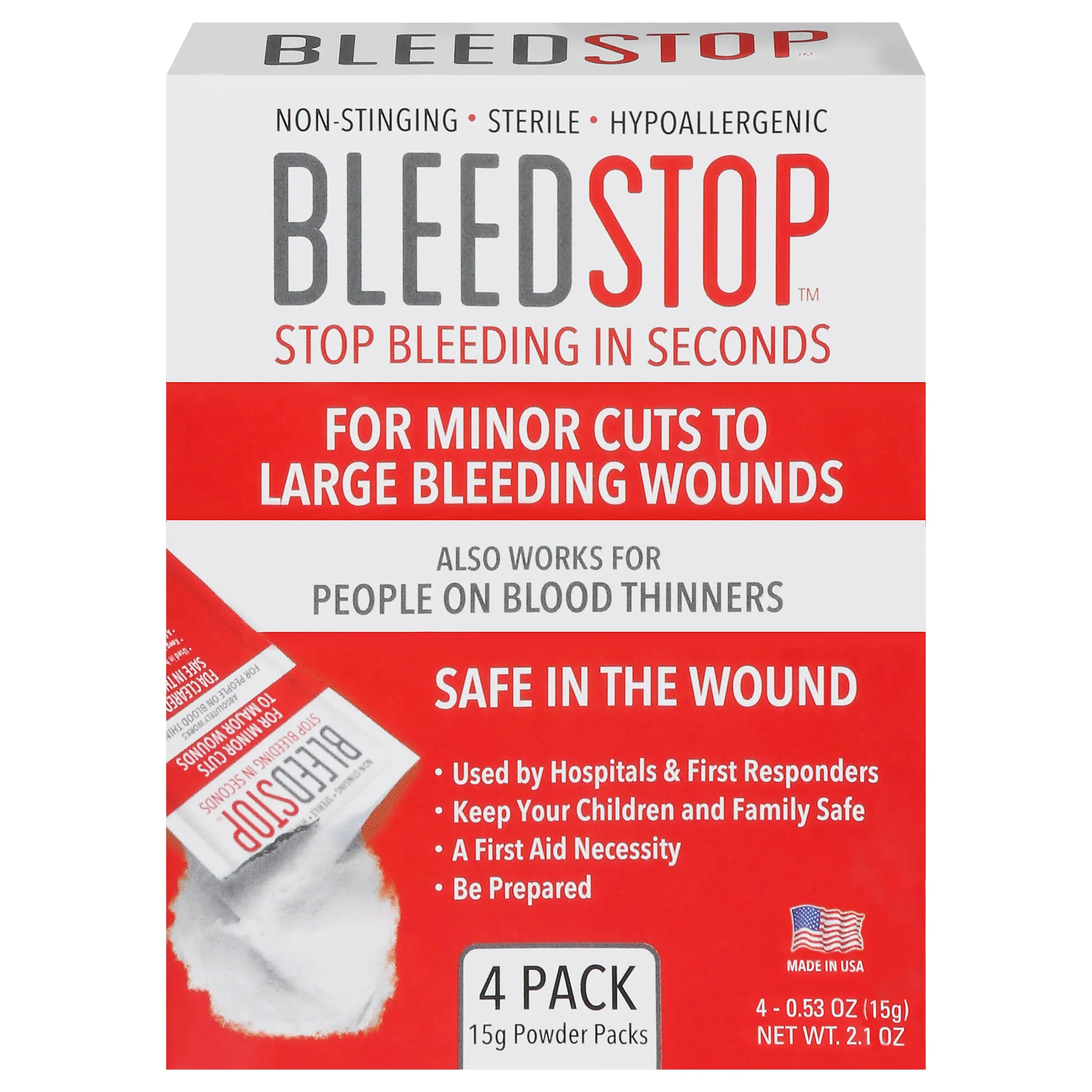 BleedStop™ First Aid Powder for Blood Clotting, Trauma Kit, Blood Thinner Patients, Camping Safety, and Survival Equipment for Moderate to Severe Bleeding Wounds or Nosebleeds (Double 4 Pack 15g)