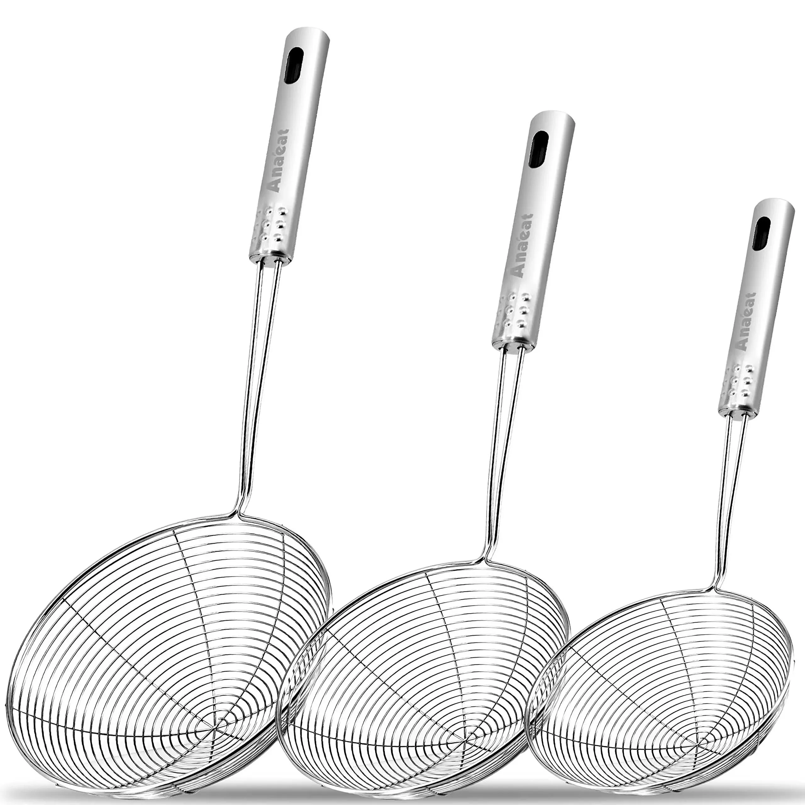 Anaeat Stainless Steel Spider Strainer Skimmer, Set of 3 Professional Kitchen Pasta Strainer Spoon with Long Handle - Asian S