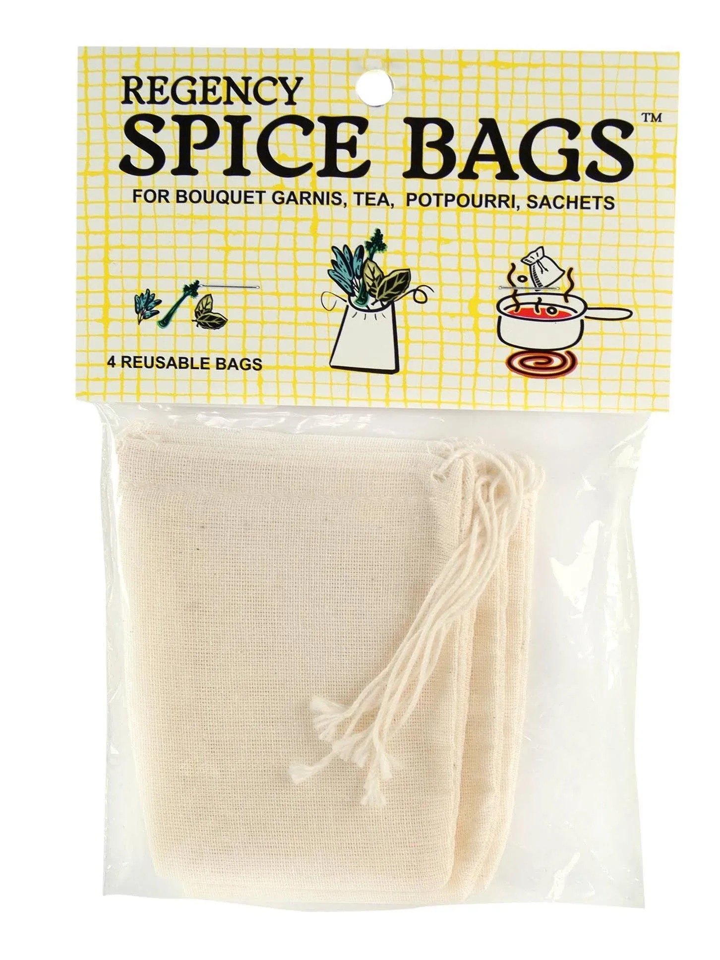 Regency Wraps 100% Cotton All-Natural Drawstring Bag, Pouches for Enclosing Bulk Spices, Tea, Potpourri, Jewelry, Crafting, Wedding Favors, 3" x 4", Pack of 4