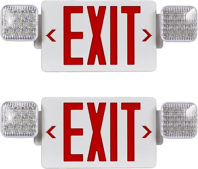 LED Exit Sign with Emergency Lights,Exit Sign Lights with Battery Backup, Red Letter Emergency Exit Sign Lights with Two Adjustable Heads,AC 120-277V, UL Certified2PCS