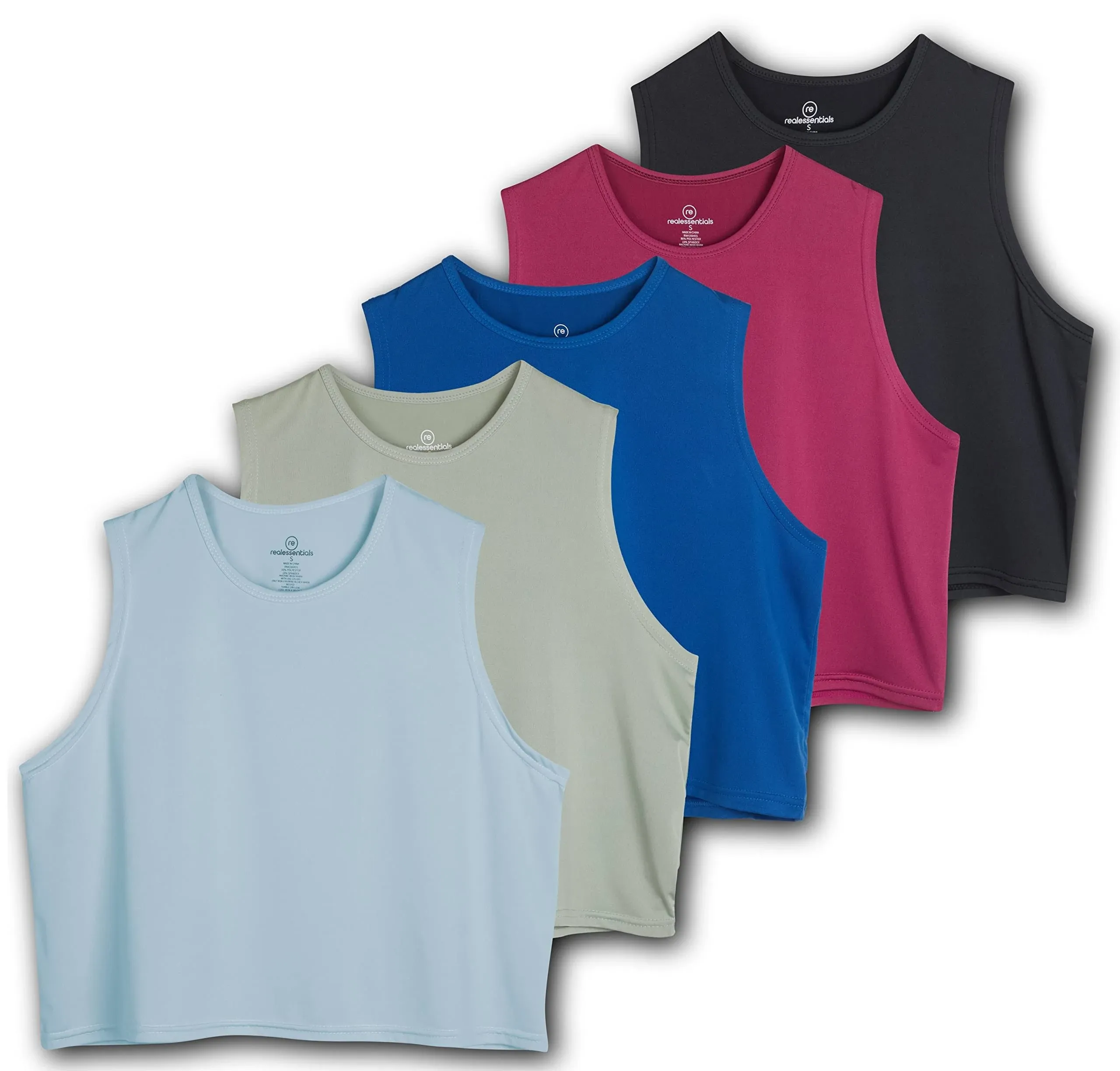 Real Essentials 5 Pack: Women's Dry Fit Crop Summer Tank Top - Gym Yoga Workout ...