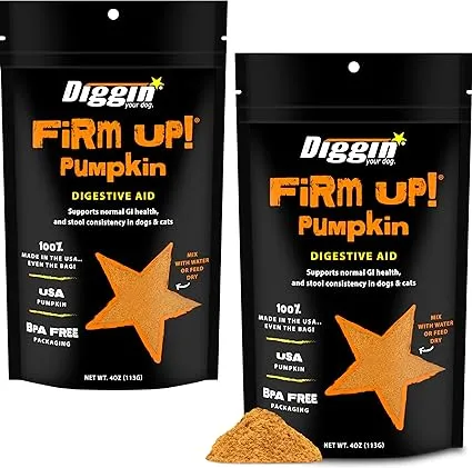 Diggin' Your Dog Firm Up Pumpkin for Dogs & Cats, 100% Made in USA, Pumpkin Powder for Dogs, Digestive Support, Apple Pectin, Fiber, Healthy Stool, 4 oz (2-Pack)