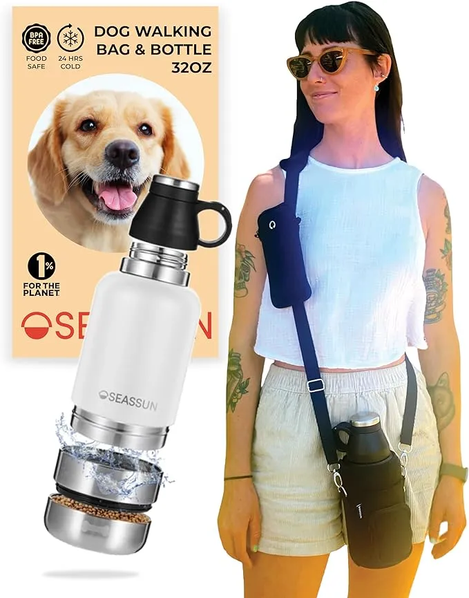 SEASSUN Dog Travel Water Bottle & Dog Walking Bag with Cell Phone Pouch & Dog ...