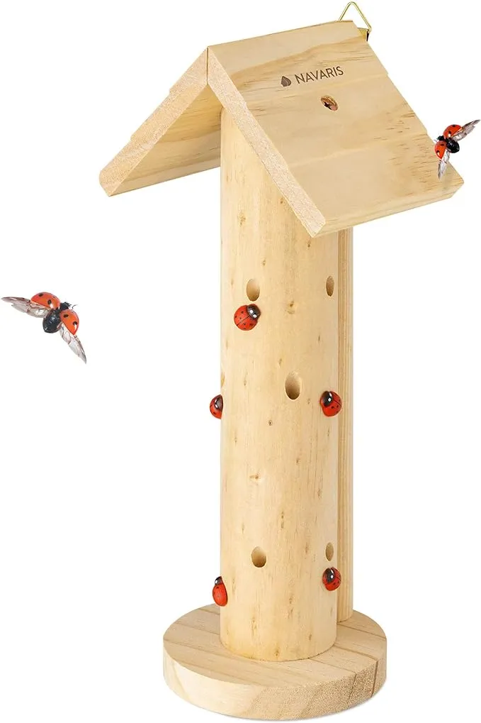 Navaris Wooden Ladybug Habitat - Hanging Real Pinewood Flying Insect Bug Ladybird Lady-Bug House Shelter Hotel for The Garden - Insect Hibernation