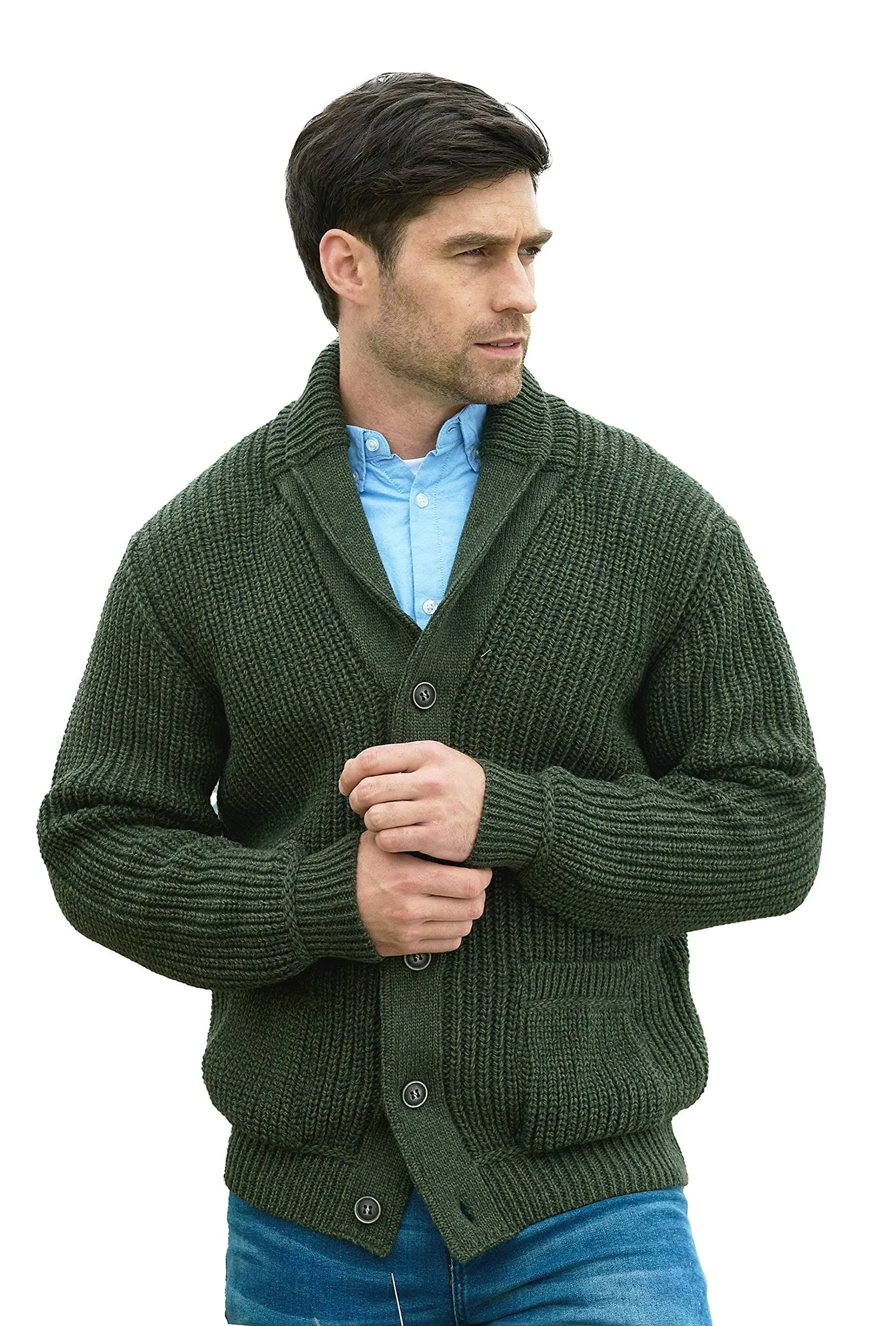 Aran Crafts Dark Green Ribbed Shawl Cardigan - M