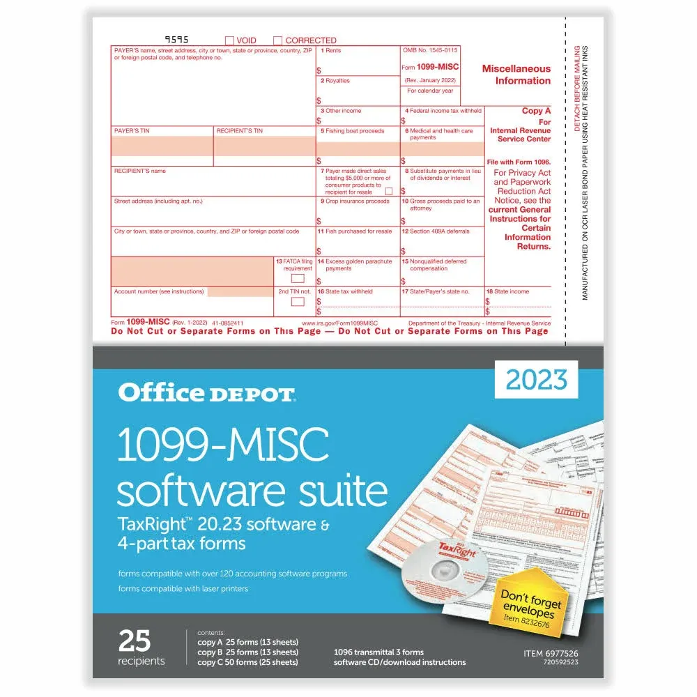 Office Depot&reg; Brand 1099-MISC Laser Tax Forms With Software, 4-Part, 2-Up, 8-1/2&quot; x 11&quot;, Pack Of 25 Form Sets