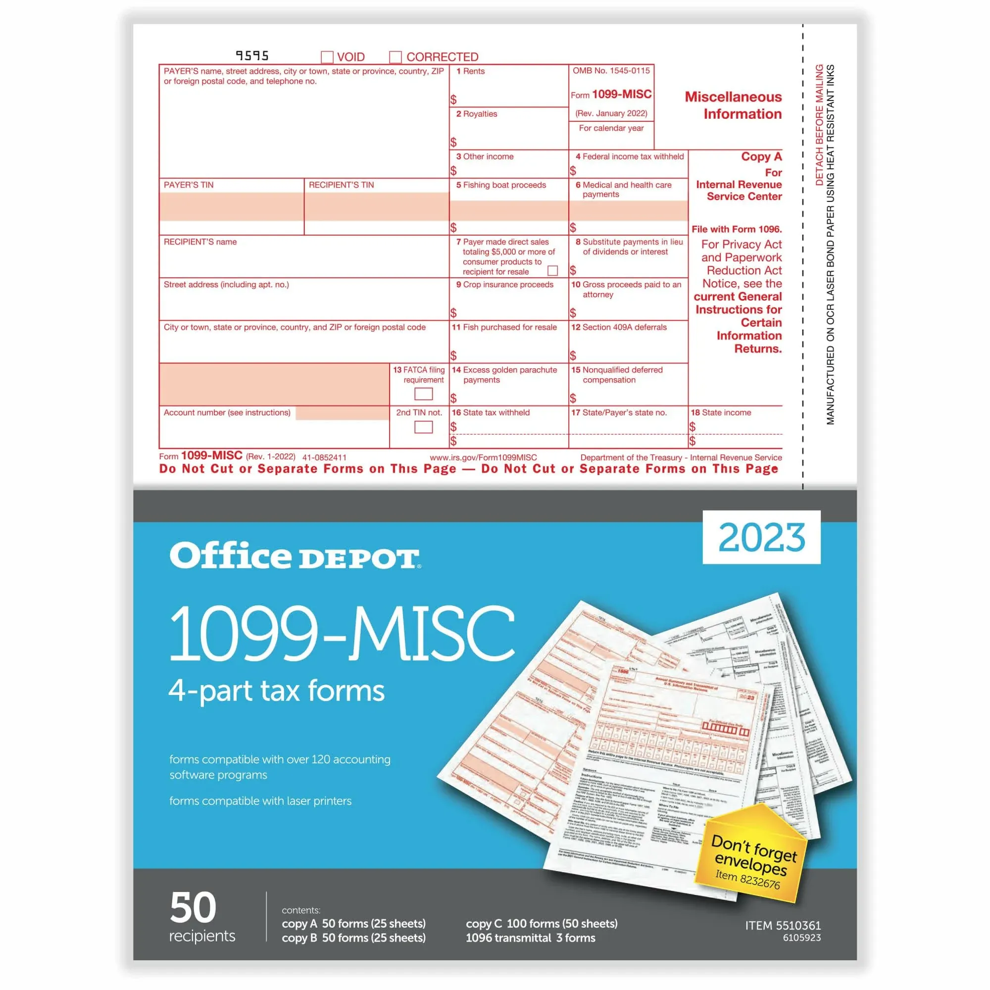 Office Depot Brand 1099-MISC Laser Tax Forms, 4-Part, 2-Up, 8-1/2 inch x 11 inch ...