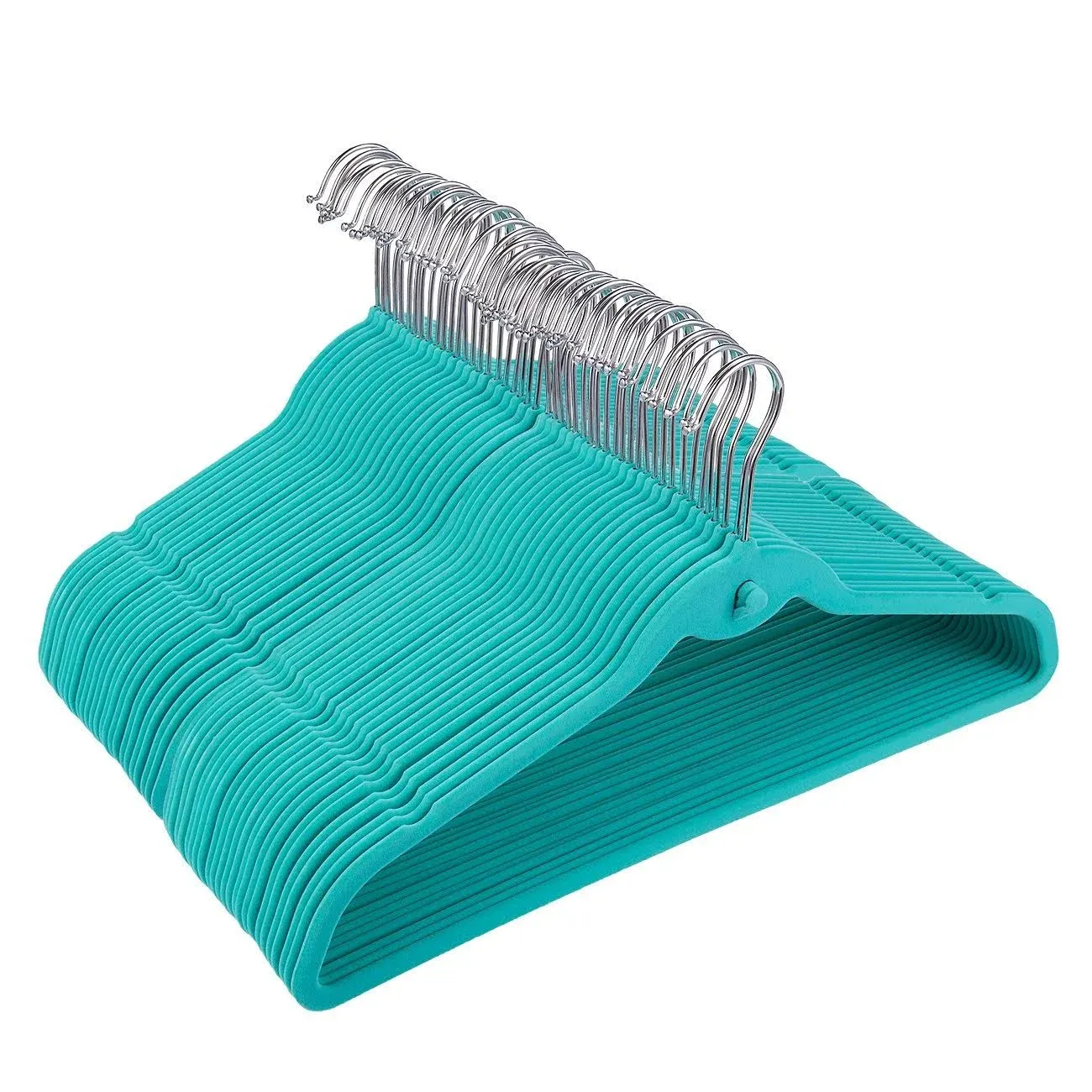 50 Pack Non Slip Velvet Clothes Hangers with Cascading Hooks, Teal, 17.5 In