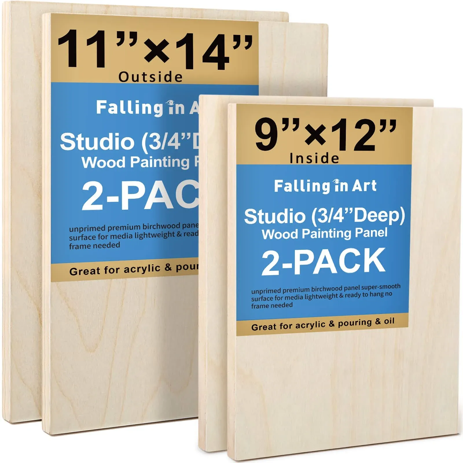 Unfinished Birch Wood Canvas Panels Kit, Falling in Art 4 Pack of 8x8 Studio 3/4 Deep Cradle Boards for Pouring Art, Crafts, Painting and More