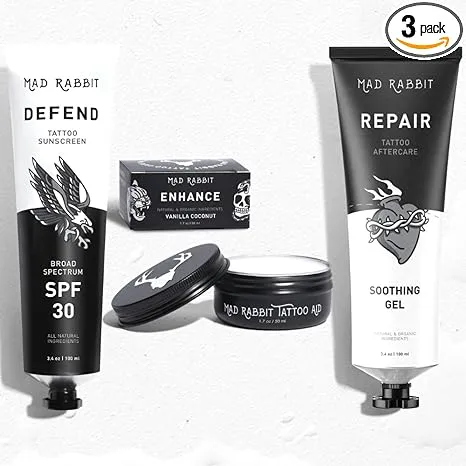 Mad Rabbit Tattoo Care Bundle Kit Repair Soothing Gel Enhance Balm & Defend SPF 30 Sunscreen