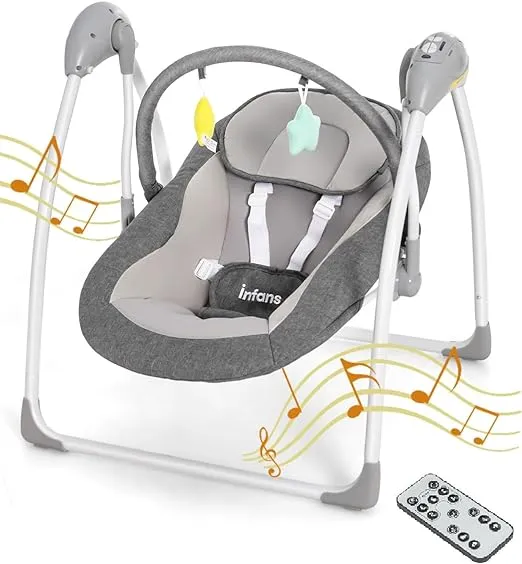 INFANS Baby Swing for Infants, Compact Portable Baby Electric Rocker for Newborn with 5 Speed Natural Sway Music Timing 2 Toys Remote Control, Easy Fold, 0-6 Months Boy Girl