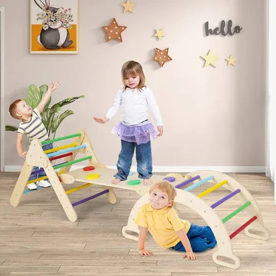 INFANS Climbing Toys for Toddlers, 5 in 1 Kids Wooden Montessori Triangle Set Climber Toy, Indoor Climb Activity