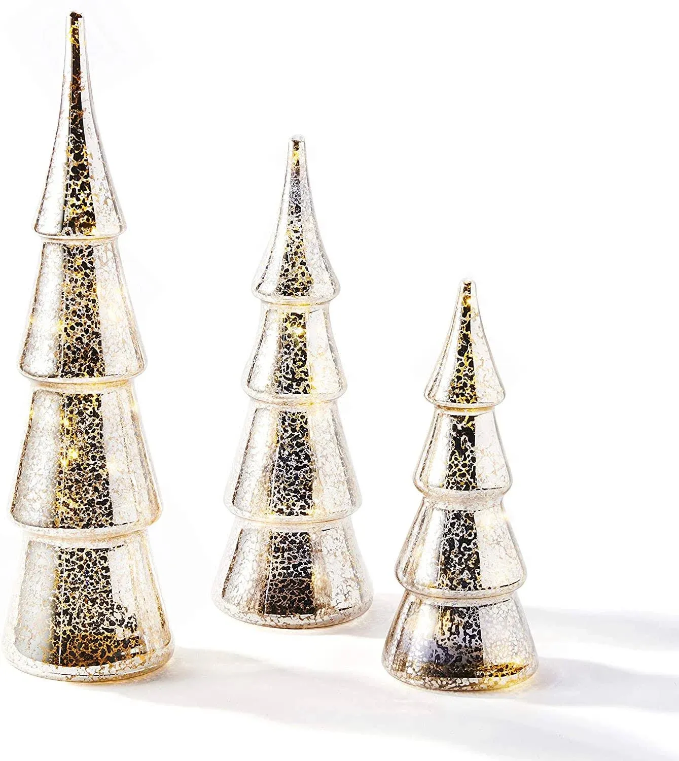 LampLust Table Top Christmas Tree Decorations with Fairy Lights, Set of 3 Assorted Trees, 10 Inch Tall, Gold Mercury Glass Finish, Batteries Included, Holiday Table Centerpiece and Mantle Decor