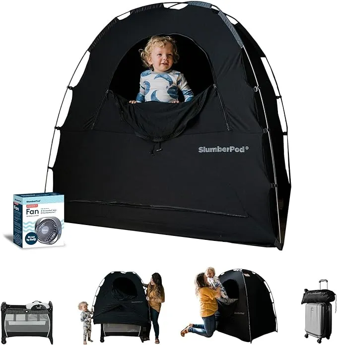 SlumberPod and Fan Combo Portable Privacy Pod Blackout Canopy Crib Cover, Sleeping Space for Age 4 Months and Up, Pack n Play Blackout Cover, Baby Travel Crib Canopy (Black/Grey)