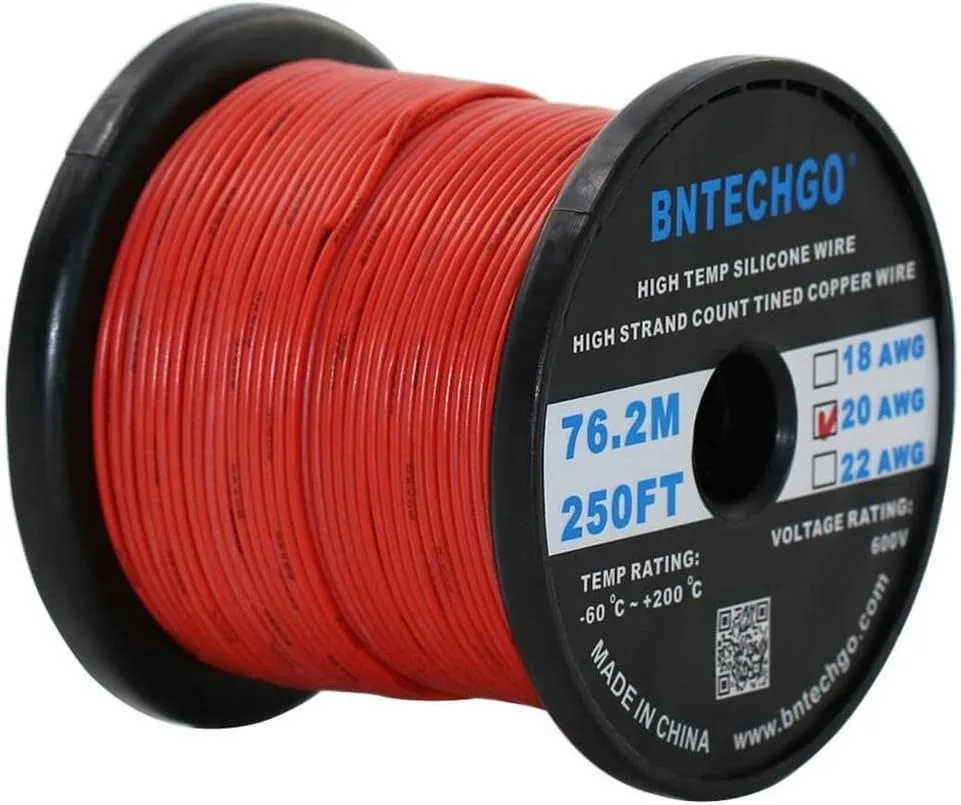 BNTECHGO 20 Gauge Silicone Wire Spool 250 ft Red Flexible 20 AWG Stranded Tinned Copper Wire