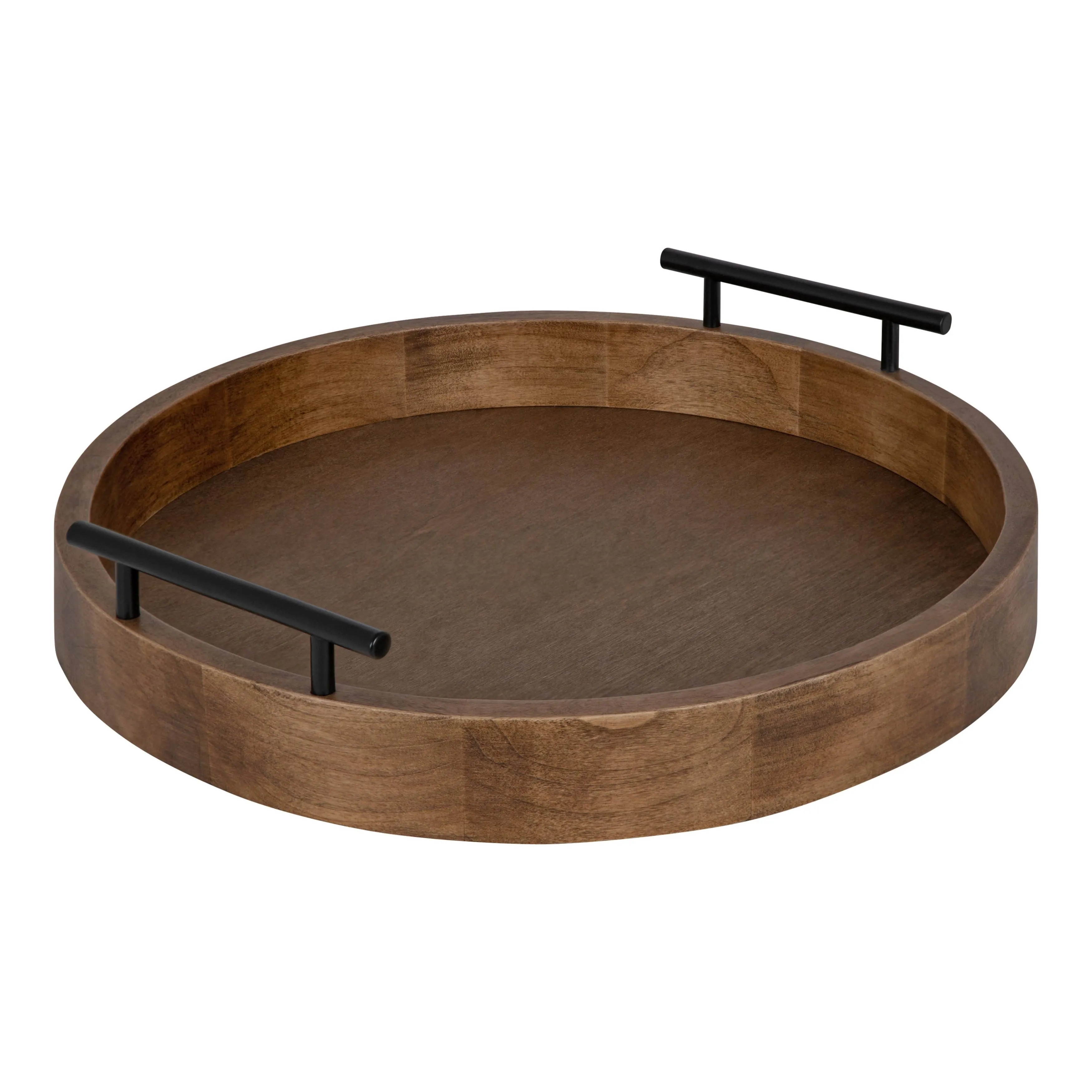 Kate and Laurel Lipton Round Decorative Tray with Metal Handles - Rustic Brown - 15.5" Diameter