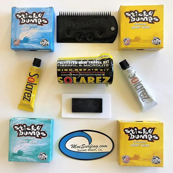 Sticky Bumps Wax plus Solarez UV Cure Resin Ding Repair Kit plus 2 Bars of Tropical Wax, 1 Base Coat, 1 Cool Wax and a Flexcomb to Clean your Board