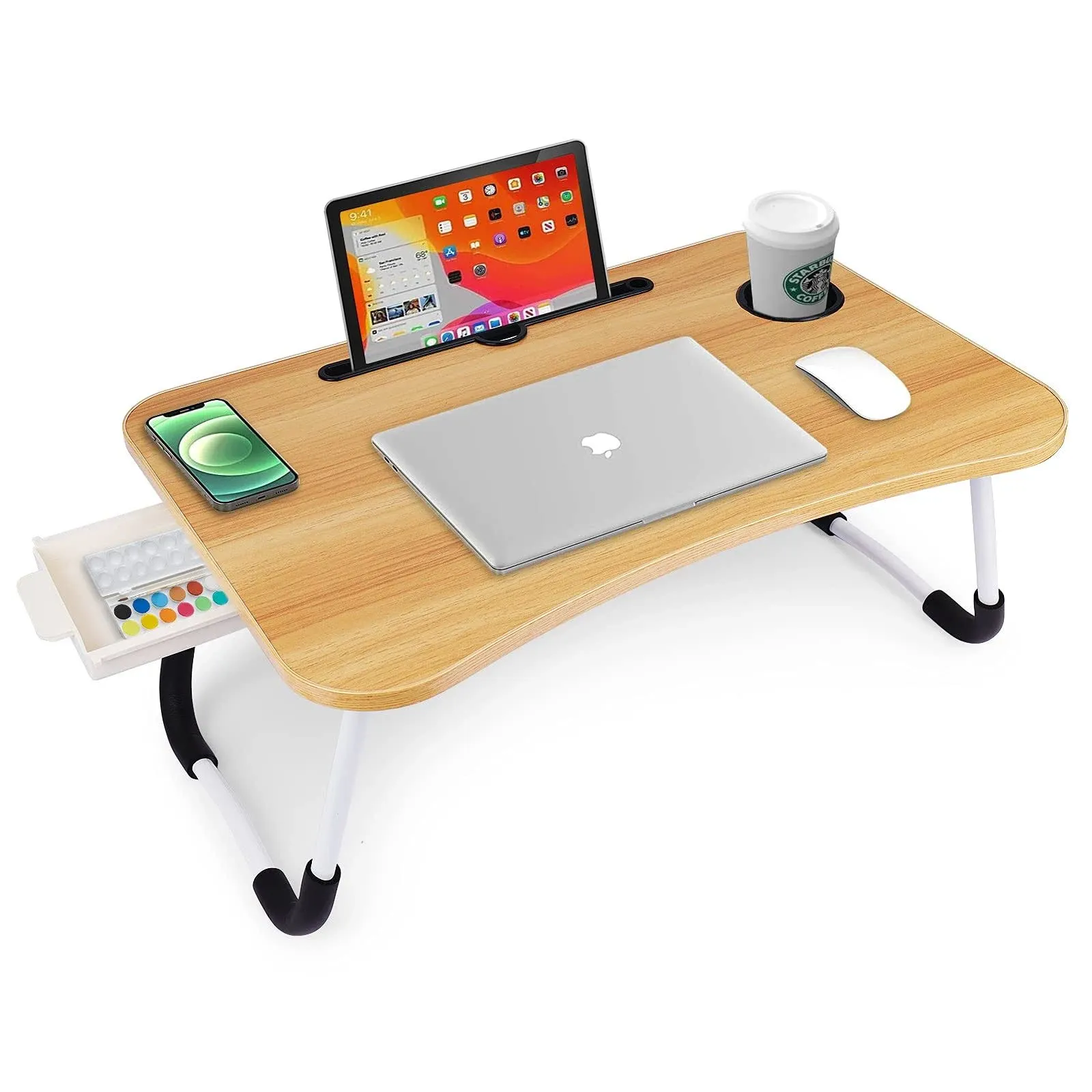 Lap desk Foldable Legs, Storage Drawer, Cup Slot, Notebook Stand