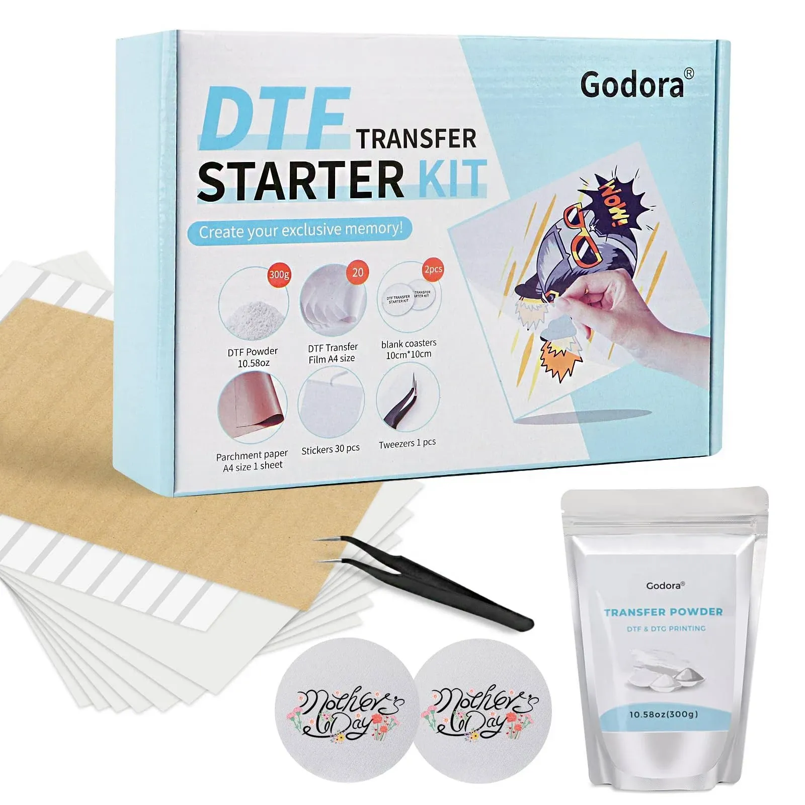 Godora Upgrade DTF Transfer Powder Film Kit, All-in-1 DTF Starter Kit - 10.58oz White Digital Hot Melt Adhesive &amp; 20 Sheets DTF PET Film, for DTF