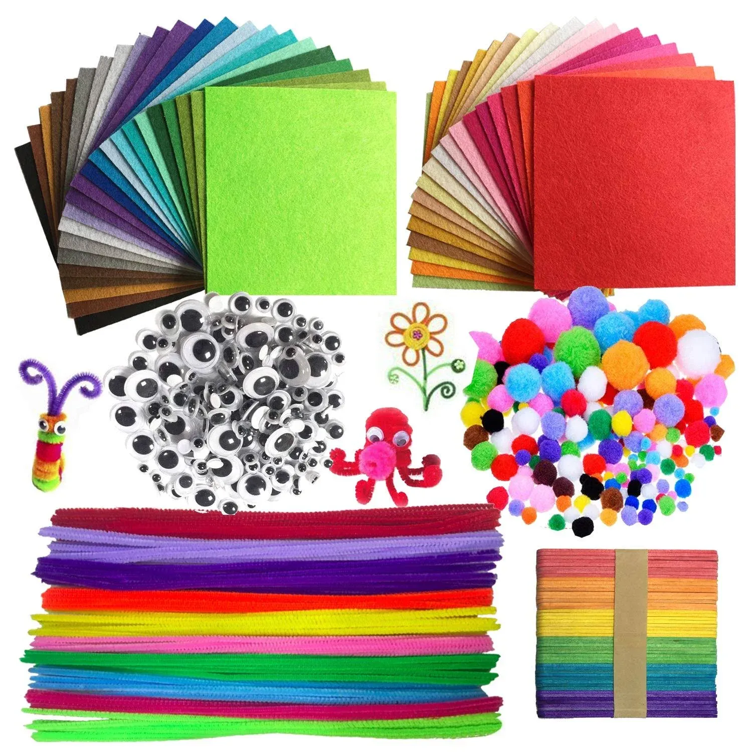 Wartoon Pipe Cleaners Crafts Set, Pipe Cleaners Chenille Stem and Pompoms with Googly Wiggle Eyes and Craft Rods Assorted Colors Non-Woven Felt Fabric Sheets for Craft DIY Art Supplies, 590 Pieces