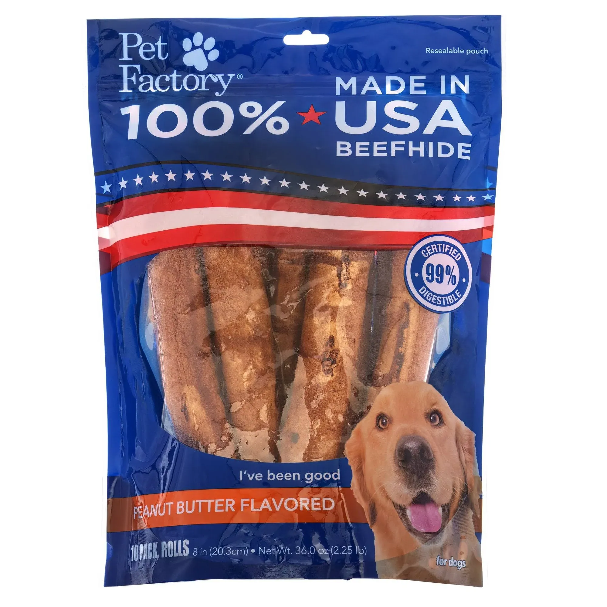 Pet Factory Beefhide 8-Inch Rolls Peanut Butter Flavored Dog Hard Chews, 10 Count