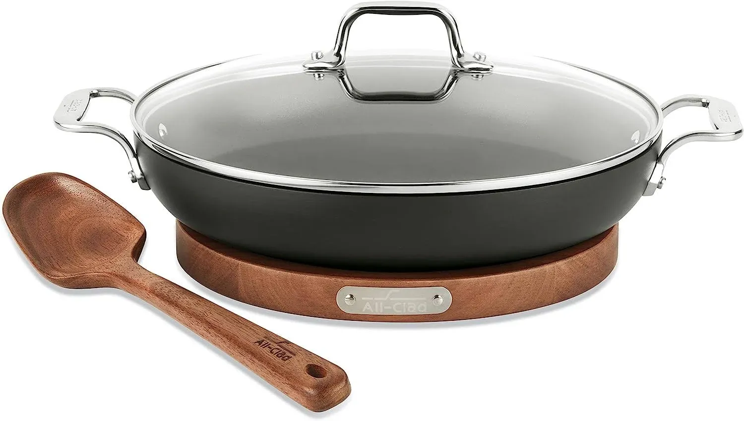 All-Clad HA1 Nonstick Universal Pan with Lid, Acacia Wood Trivet and Spoon · 3 qt - Black