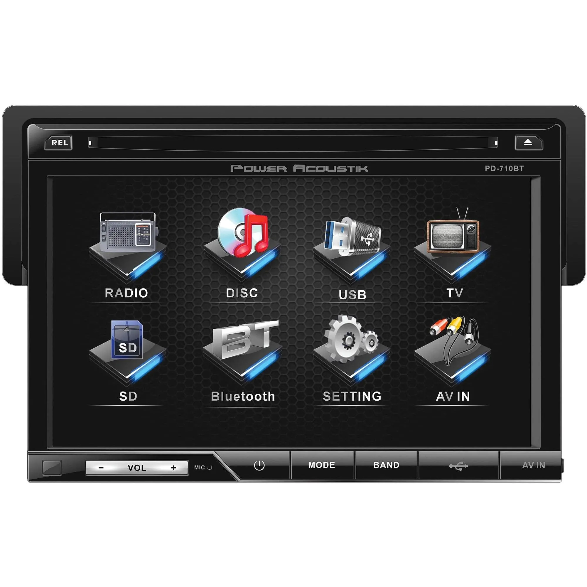 Power Acoustik PD-710B, 1-DIN 7" Multimedia Source Unit, Bluetooth