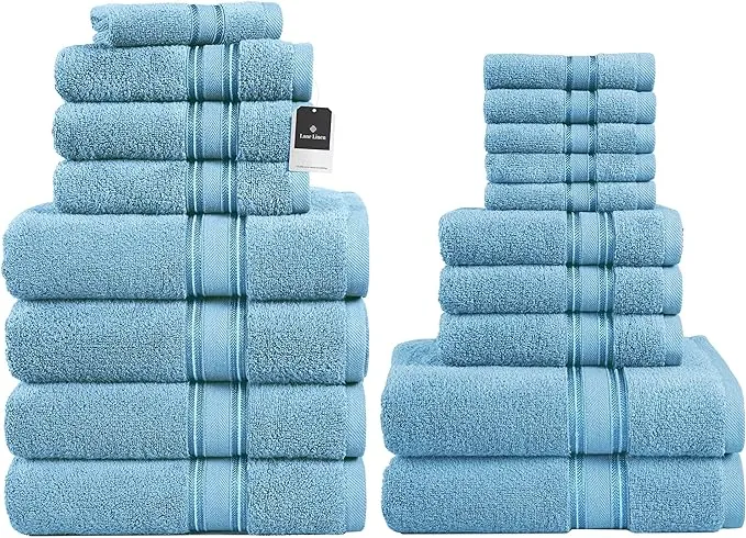  Luxury 18-Piece Solid Cotton Bathroom Towel Set - 6 Bath 18 Piece Set Blue