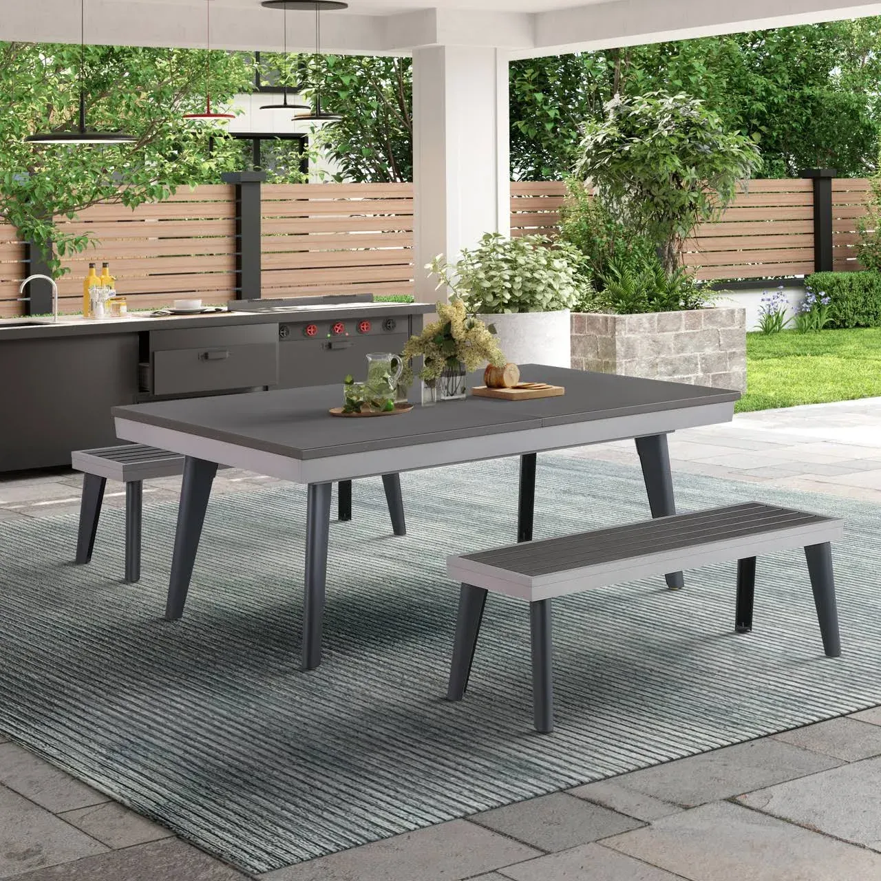 Playcraft Santorini 82" Outdoor Slate Pool Table with Dining Top Benches and Ping ...