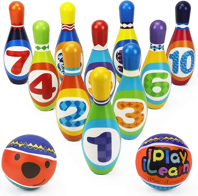 iPlay, iLearn Kids Bowling Toys Set, Toddler Indoor Outdoor Activity Play Game, Soft 10 Foam Pins Two Balls Set, Educational Birthday Party Stocking Stuffer Gift 18 24 Month 2 3 Year Children Boy Girl