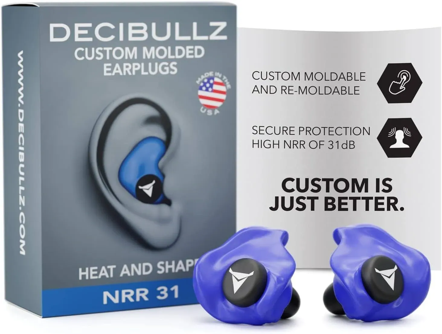 Decibullz - Custom Molded Earplugs, 31dB Highest NRR, Comfortable Hearing Protection for Shooting, Travel, Swimming, Work and Concerts