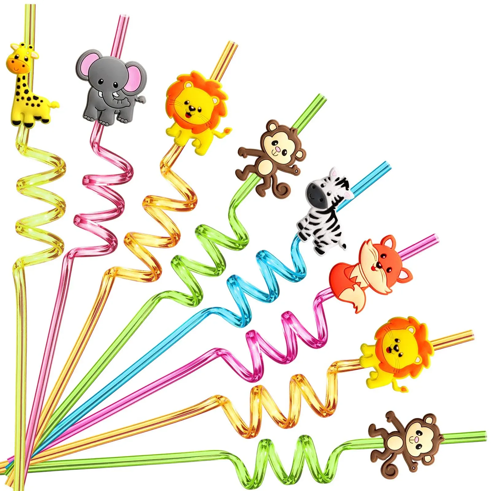 24 Reusable Jungle Animal Plastic Straws for Lion Fox Zebra Giraffe Safari Bi...