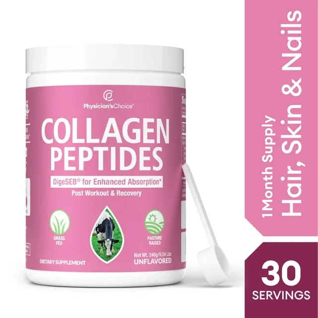 Physician's CHOICE Collagen Peptides Powder w/ Digestive Enzymes - Hydrolyzed Protein - Type I & III - Keto Collagen Powder for Women & Men - Hair, Skin, Joints, Workout Recovery - Grass Fed - Non-GMO