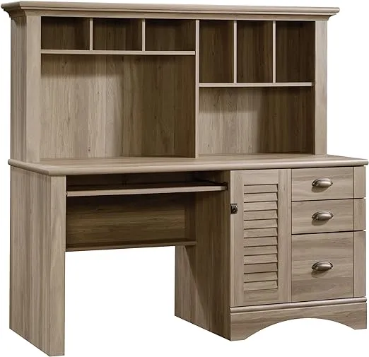 Sauder Harbor View Home Office Computer Desk with Hutch, Keyboard Tray, in Salt Oak