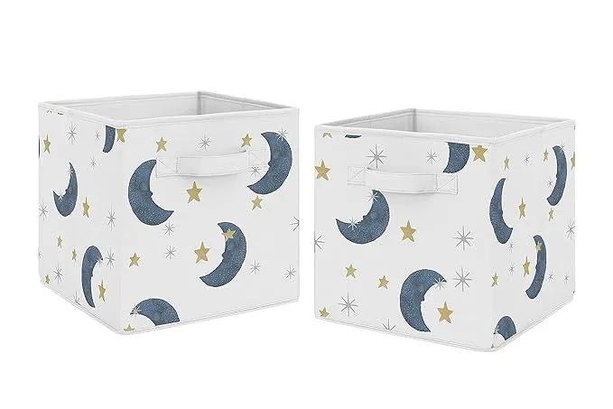 Sweet Jojo Designs Moon and Star Foldable Fabric Storage Cube Bins Boxes Organizer Toys Kids Baby Childrens - Set of 2 - Navy Bl